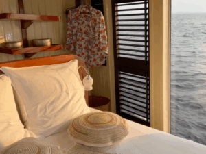 Elegant Panoramic Suite interior aboard Amazon EcoBoat – luxury bedding